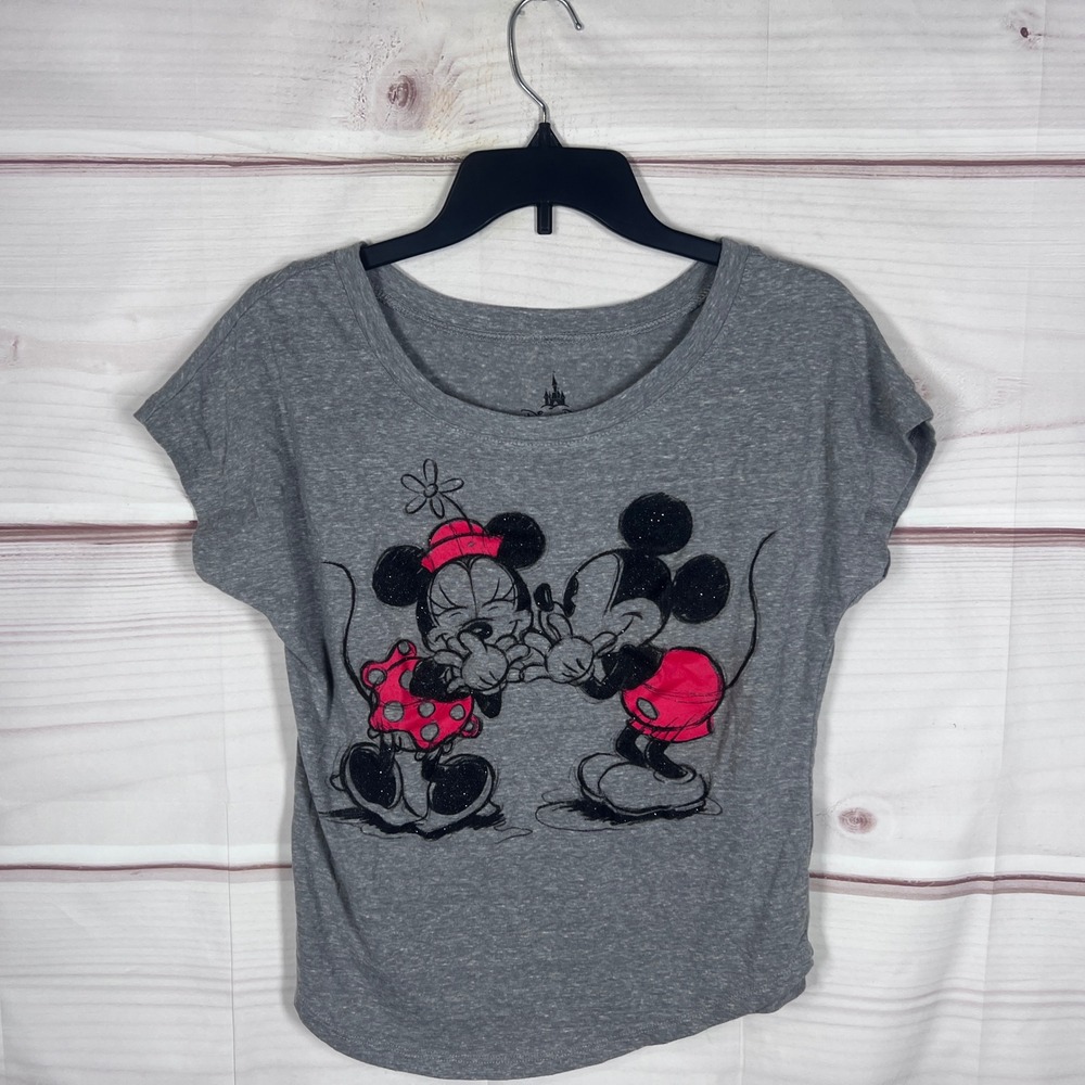 Disney Parks T Shirt Womens XS Gray Mickey Minnie Top Graphic Glitter Cap Sleeve